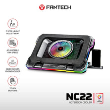FANTECH NC22 – Premium Laptop Cooling Pad, Powerful Extra-Large Fan, Adjustable Height with Phone Holder, Vibrant RGB Lighting