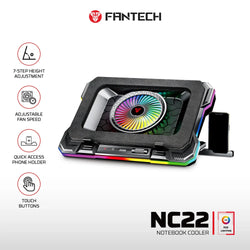 FANTECH NC22 – Premium Laptop Cooling Pad, Powerful Extra-Large Fan, Adjustable Height with Phone Holder, Vibrant RGB Lighting