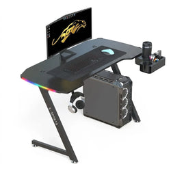 KZ 140cm RGB Gaming Desk with Cup Holder & Headset Holder – Carbon Fiber Gaming Table with LED Lighting & Steel Frame