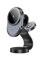 Hoco HW28 Excelso 2‑in‑1 Wireless Fast Charging Car Holder – Dual Wireless Fast Charger & Phone Mount with Adjustable View, Magnetic Grip, Center Console or Dashboard Placement