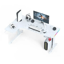 L Shaped 160cm RGB Gaming Desk with Side LED, Cup Holder & Headset Holder – Carbon Fiber Gaming Table with Sturdy Steel Frame & Spacious Dual Surface Design