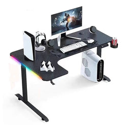 L Shaped 160cm Gaming Desk with Side LED Lights, Cup Holder & Headset Holder – RGB Corner Gaming Table with Carbon Fiber Surface & Steel Frame