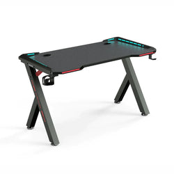 R5 120cm Gaming Desk with Built-In LED Lights, Headset Holder & Cup Holder – RGB Carbon Fiber Gaming Table with R-Shaped Steel Frame & Spacious Ergonomic Gaming Surface