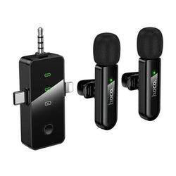 Hoco L20C 3‑in‑1 Dual Wireless Lavalier Microphone – Universal Connectors (Lightning / Type‑C / 3.5 mm), Noise‑Cancelling Dual Mics, Plug & Play