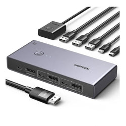 UGREEN 8K 2-Ports DisplayPort KVM Switch Box – Control 2 PCs Sharing Single Monitor and 3 USB-A 3.0 Ports (5Gbps) + 1 USB-C Data Port, All Cables Included -25962